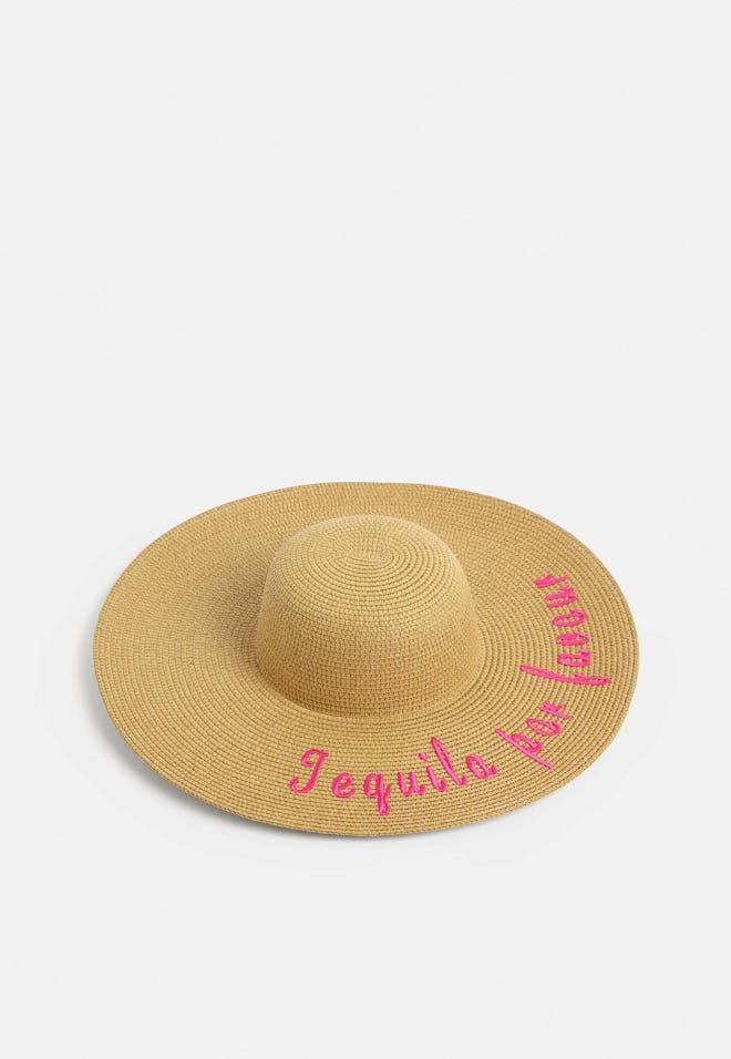 Brown Embroidered Slogan Large Straw Hat