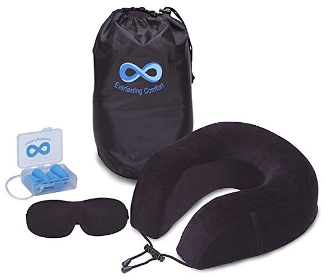Everlasting Comfort 100% Pure Memory Foam Neck Pillow Airplane Travel Kit With Ultra Plush Velour Co...