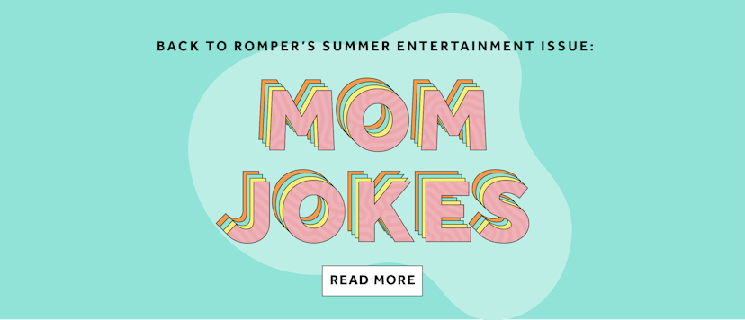 Pink "mom jokes" text sign on a light green background