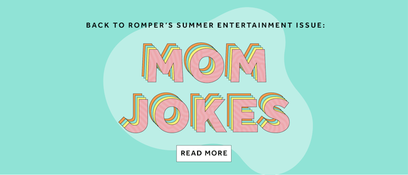 "Mom jokes" text on a light green background