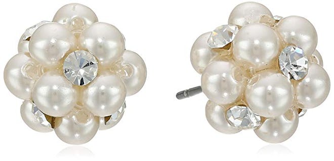 Simulated Pearl And Clear Crystal Cluster Studs