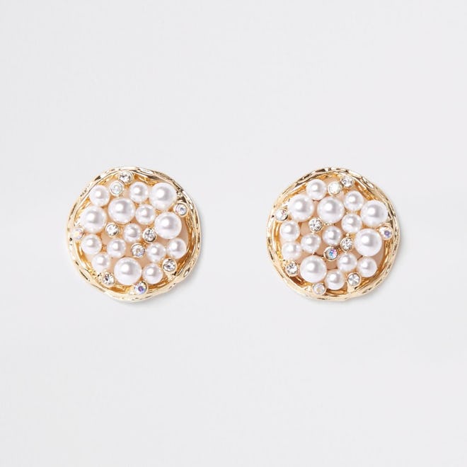 Gold Tone Pearl Cluster Round Stud Earrings