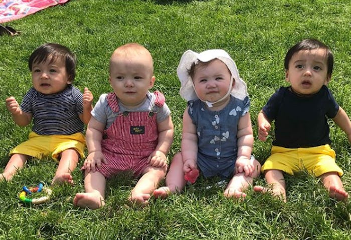 Four babies sitting on a grass.