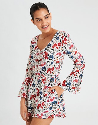 AE SHIRRED FRONT FLORAL PRINTED ROMPER 