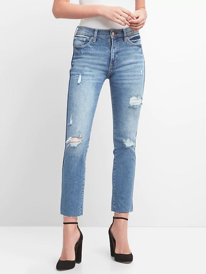 High Rise Slim Straight Jeans with Destruction
