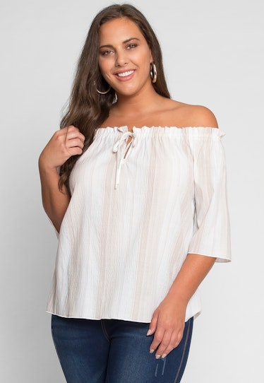 PLUS SIZE FREE OFF SHOULDER STRIPE TOP IN PINK