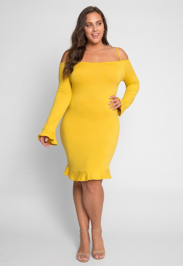 PLUS SIZE COLD SHOULDER DRESS IN MUSTARD