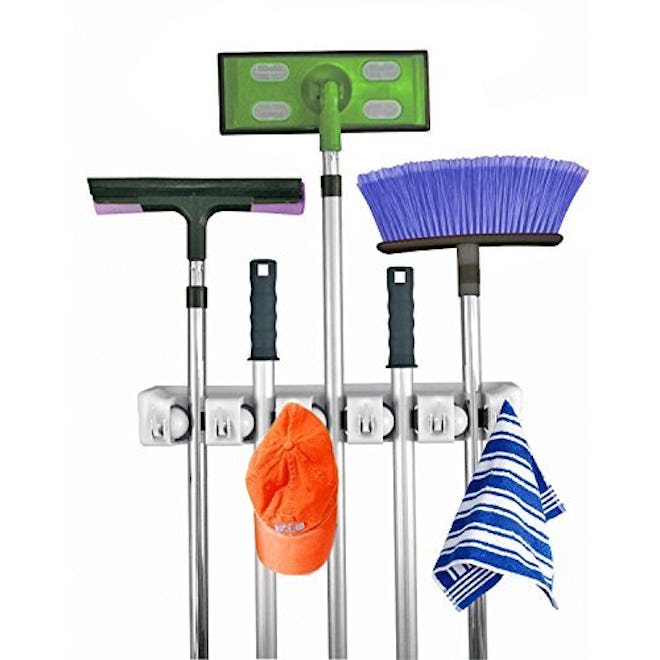 Home-It Mop and Broom Holder, 5 position with 6 hooks garage storage Holds up to 11 Tools, 