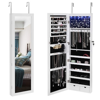 SONGMICS 6 LEDs Jewelry Cabinet Lockable Wall Door Mounted Jewelry Armoire Organizer with Mirror 2 D...