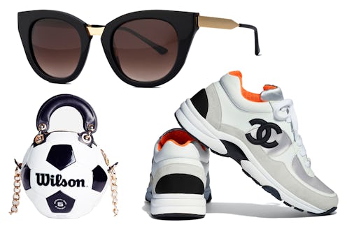 A collage photo with black sunglasses, Chanel sneakers, and a soccer ball-shaped Wilson bag.