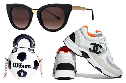 A collage photo with black sunglasses, Chanel sneakers, and a soccer ball-shaped Wilson bag. 