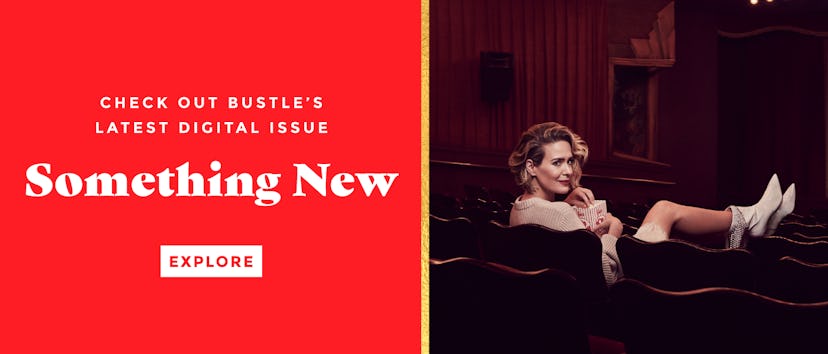 The cover of Bustle's 'Something New' issue with a blonde woman sitting in a theatre