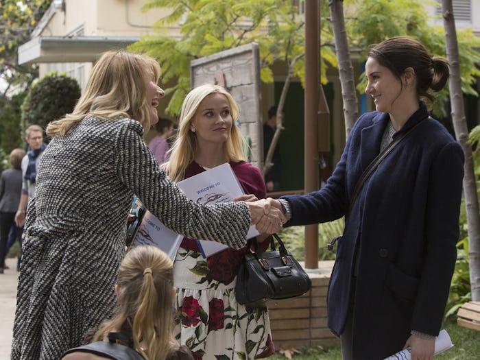 A scene from big little lies where Laura dern meets Shailene Woodley with Reese Witherspoon next to ...