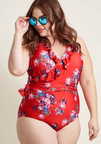 Here Comes Ruffle One-Piece Swimsuit in Crimson Floral
