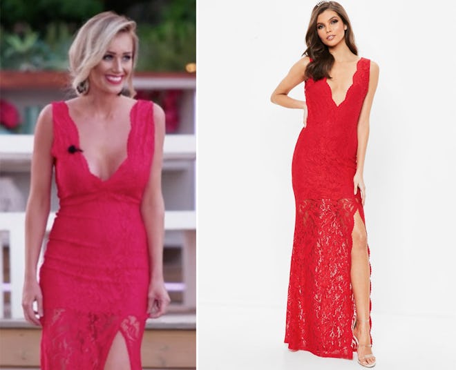 Red Plunge Scallop Trim Lace Maxi Dress