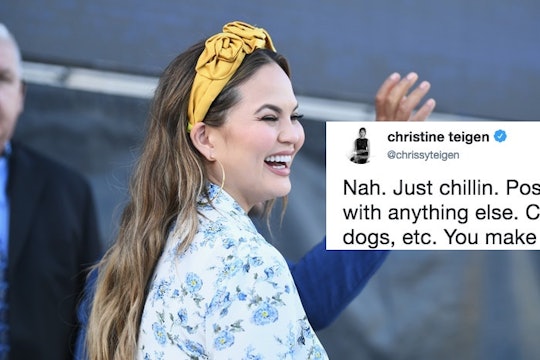 A collage with Chrissy Teigen smiling and her Twitter response to breastfeeding shamers