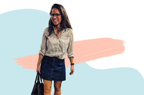 A petite girl in a short skirt and a button up shirt