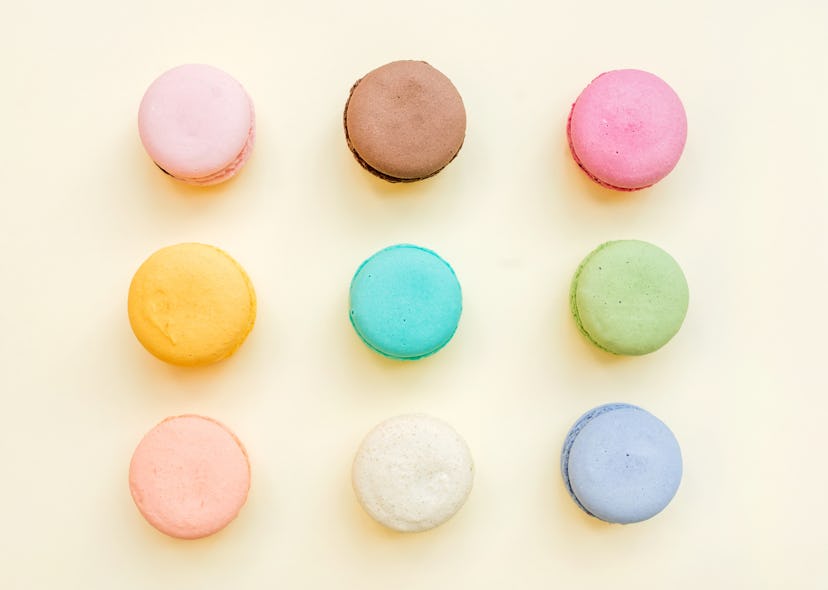 Multicolored macaroons lined up in a square