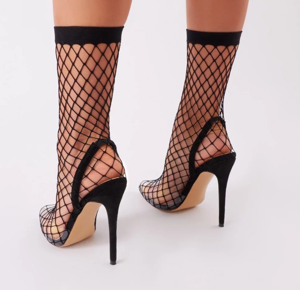 nude fishnet heels