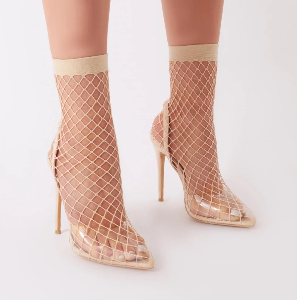 clear fishnet heels