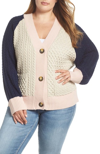 Colorblock Cable Knit Button Cardigan