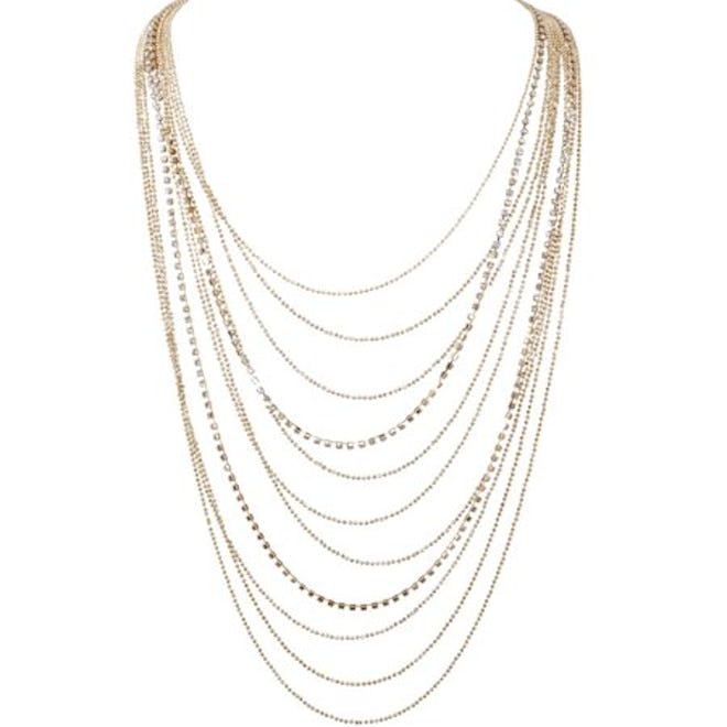 Waterfall Jewel Long Necklace Multi-Strand Statement CZ Rhinestone Chains, Gold-Tone