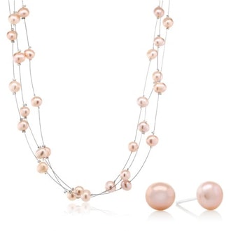Pink Cultured Freshwater Pearl Necklace Earrings Set 18"