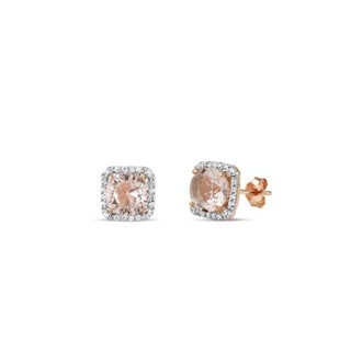 7mm Round Simulated Morganite with White CZ 18kt Rose Gold over Sterling Silver Square Halo Earrings