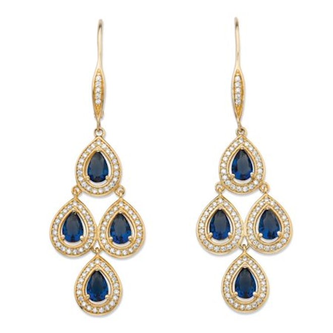 Pear-Cut Simulated Blue Sapphire and Cubic Zirconia Halo Chandelier Earrings