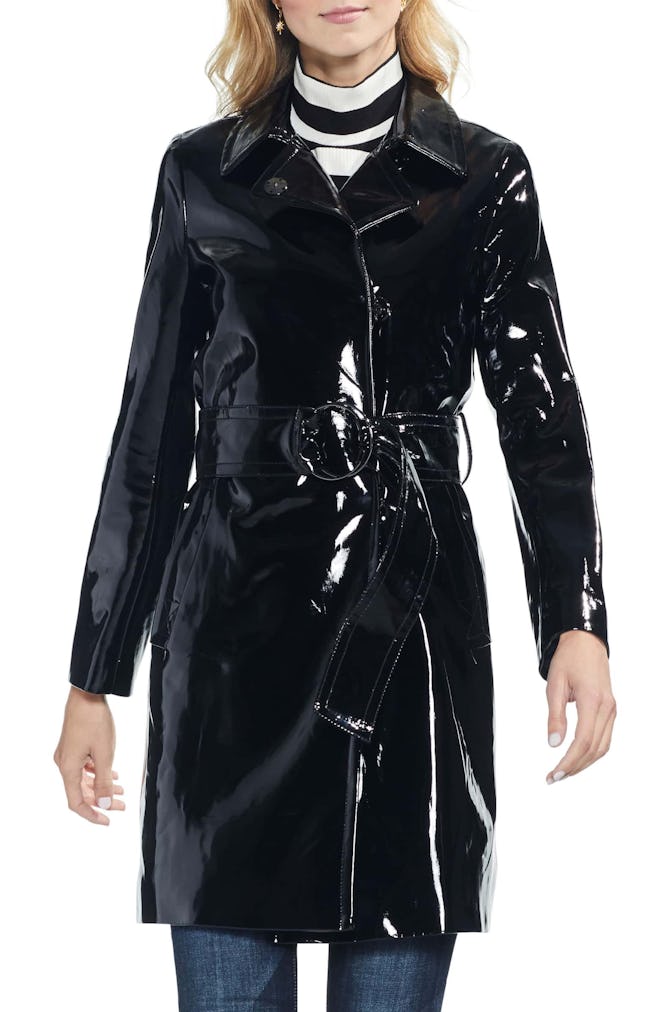 Faux Patent Leather Belted Jacket