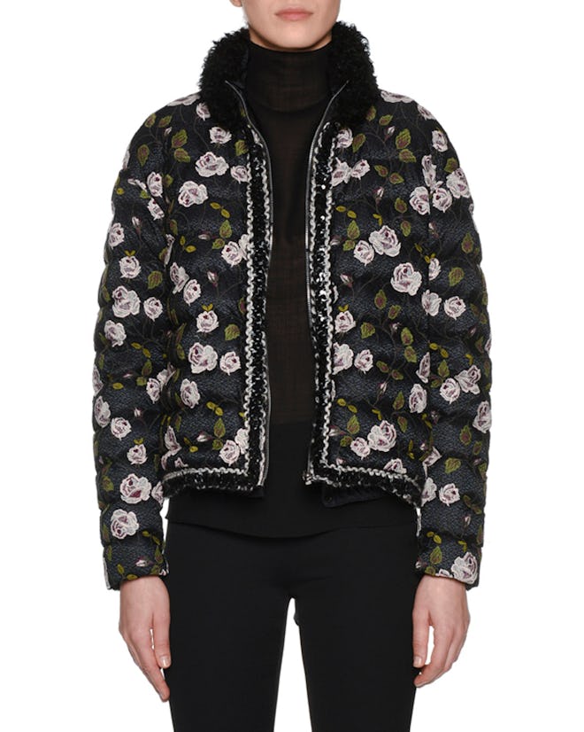 Fur-Collar Multi-Floral Lace-Embroidered Short Puffer Coat