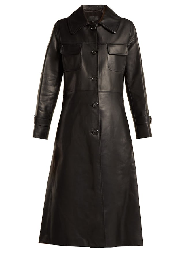 Point-Collar Leather Trench Coat
