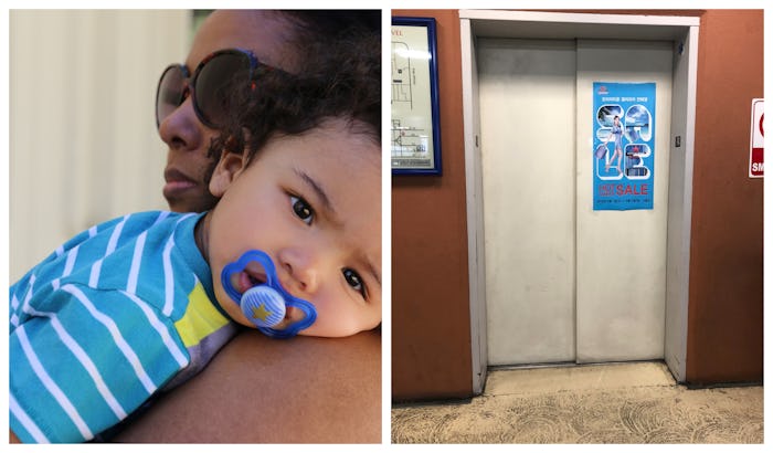 Angie Grace holding her baby on her shoulder after being trapped in an elevator