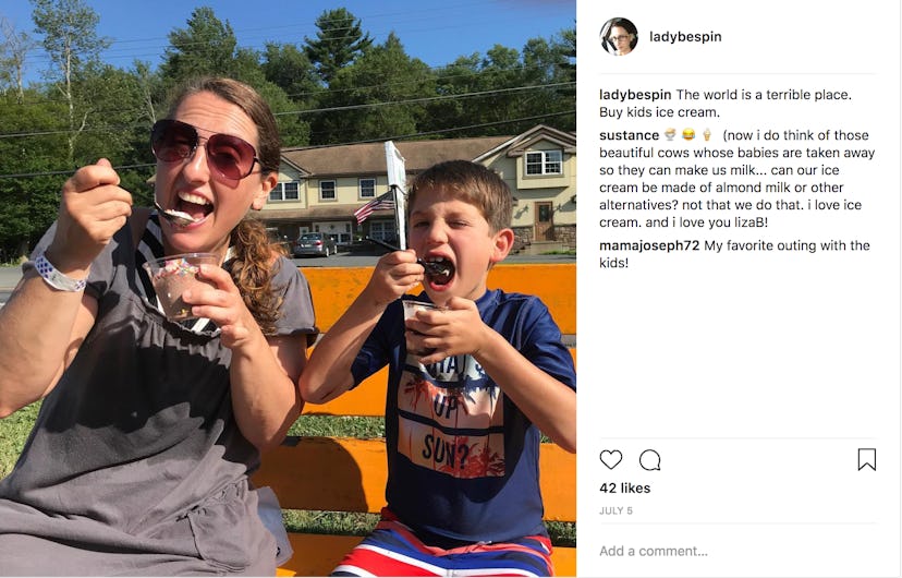 Instagram post of a mother eating ice cream with her son