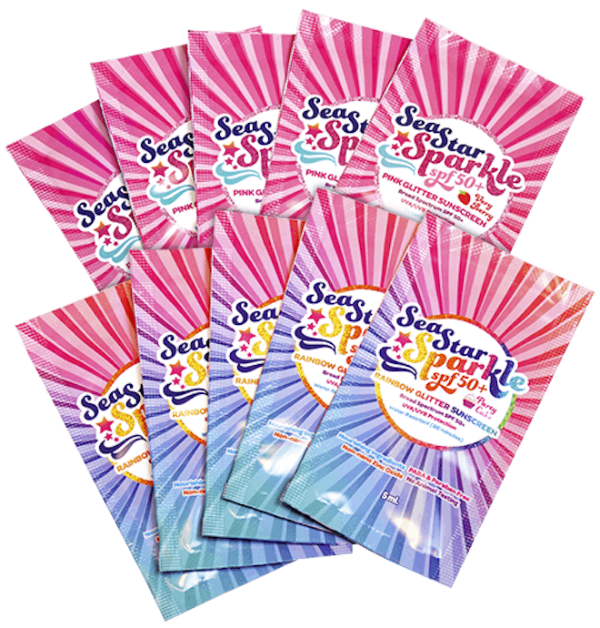 10 SEASTAR SPARKLE SPF50+ TRAVEL PACKETS / MIXED SET – PARTY CAKE & VERY BERRY – 0.5 ML. EACH