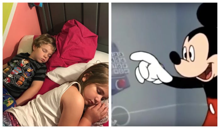 Collage of two kids sleeping and Mickey Mouse