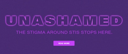 "Unashamed, the stigma around STIs stops here" text on purple background