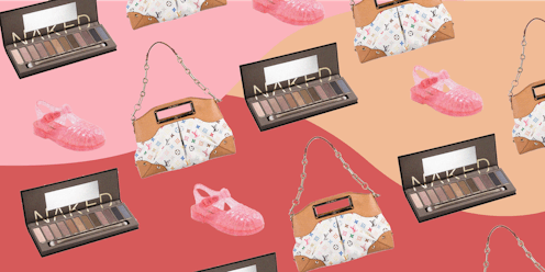 A collage photo with Naked eyeshadow palette, WalMart pink jelly shoes and multicolored Louis Vuitto...