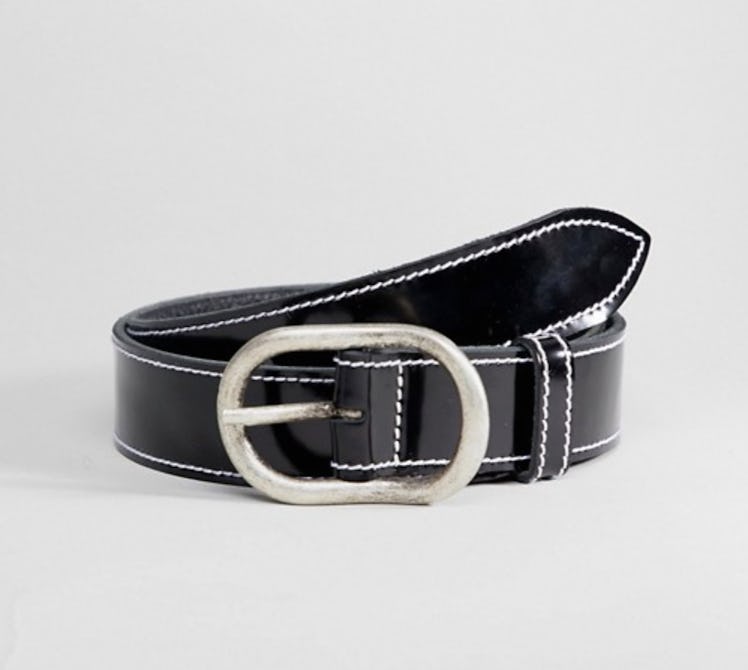 Retro Luxe London Black Patent Leather Belt with White Stitching