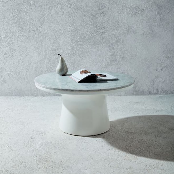 Marble-Topped Pedestal Coffee Table - White/Marble White