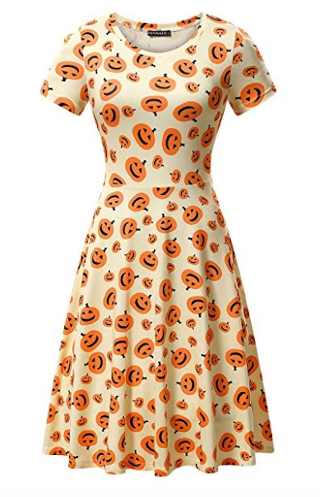 FENSACE Womens Short Sleeves Casual A-line Halloween Pumpkin Dress
