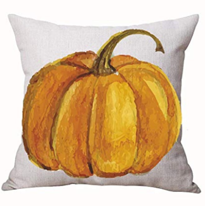 Autumn Happy Fall Y'all Pumpkin Watercolor Cotton Linen Throw Pillow 