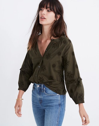 Embroidered Bubble-Sleeve Shirt