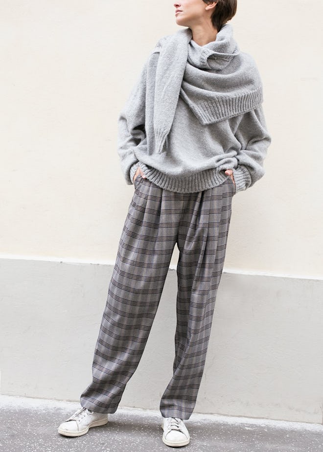 Grey Herringbone Plaid Baggy Pants