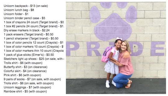 A list of the this a Californian family has spend on school shopping and a mother posing with her ch...