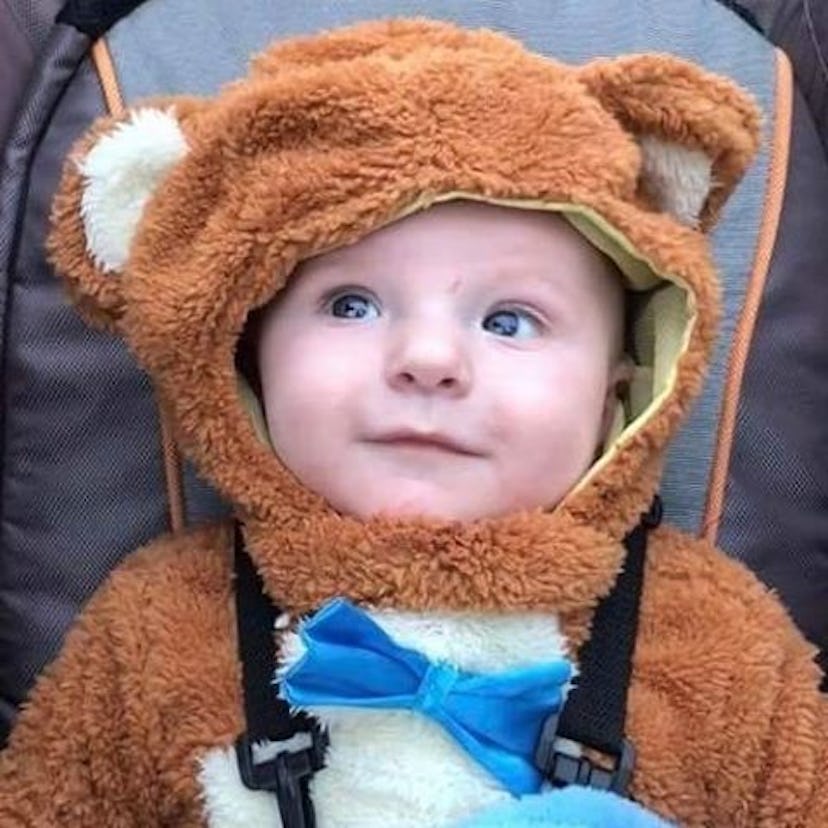 Timmy, McKayla's one-year-old son in a teddy bear costume