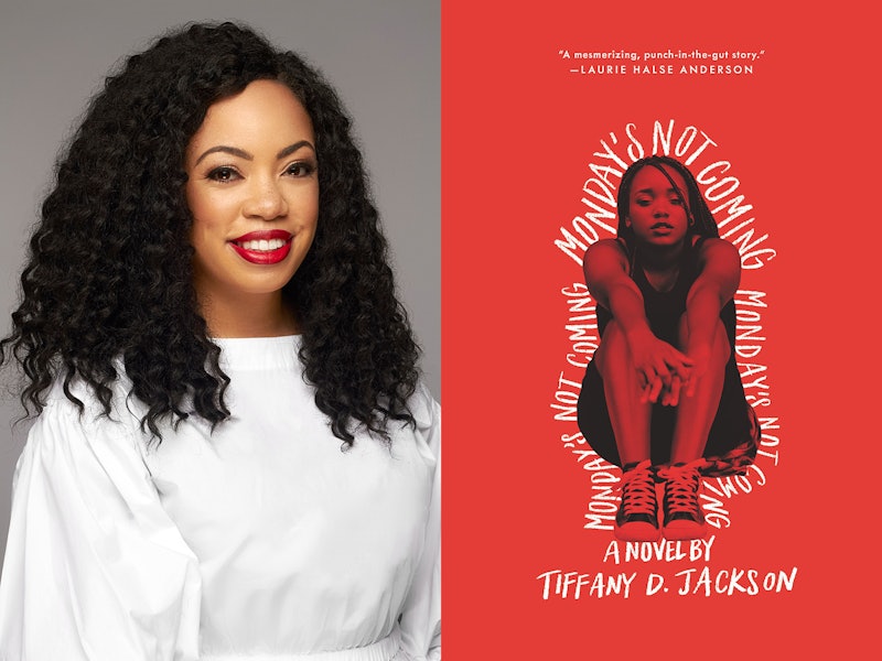 A collage photo of writer Tiffany D. Jackson and the cover of her book Monday's Not Coming.