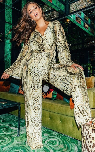 Beige Snake Print Velvet Tie Waist Jumpsuit