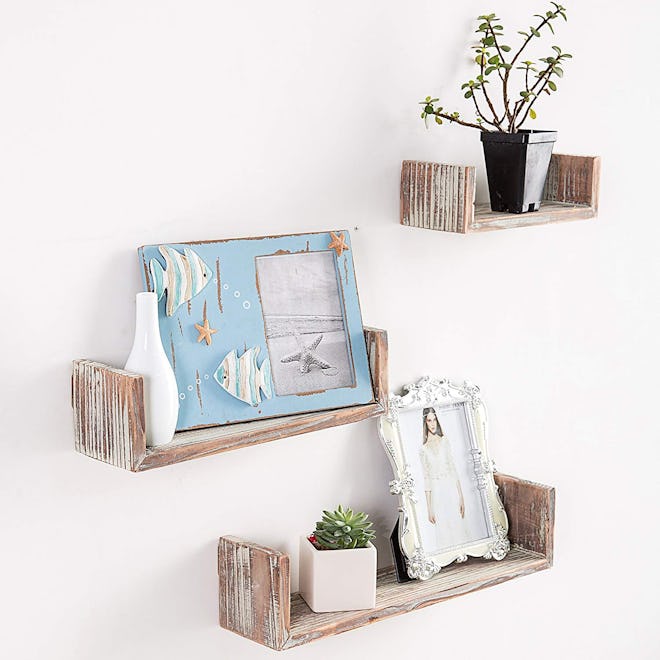 Wall Mounted Torched Wood U-Shaped Floating Shelves