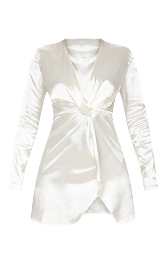 White Twist Front Plunge Long Sleeve Bodycon Dress